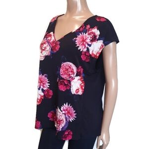 ELLEN TRACY Floral Cap Sleeve Tunic Blouse Zipper Back Vneck Top Black Size XL